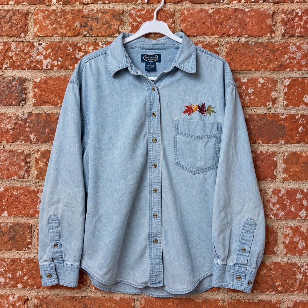 Vintage Large Denim Shirt Embroidered Autumn Leaves Fall Cottagecore Rustic